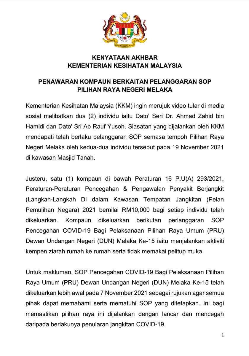Kenyataan media Kementerian Kesihatan Malaysia (KKM) mengenai penawaran kompaun berkaitan pelanggaran SOP PRN Melaka - Sumber/KKM
