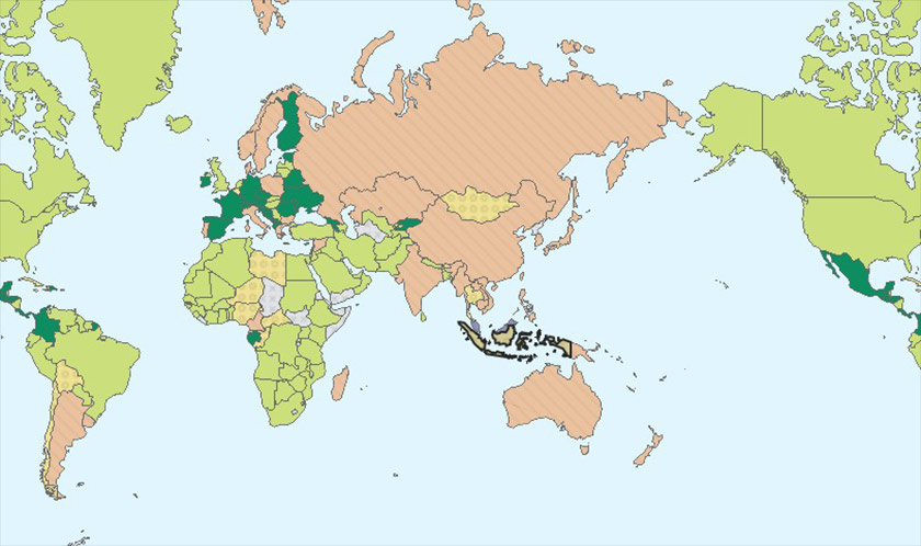 Negara berwarna hijau dan hijau muda menerima kemasukan pengembara dari Malaysia.