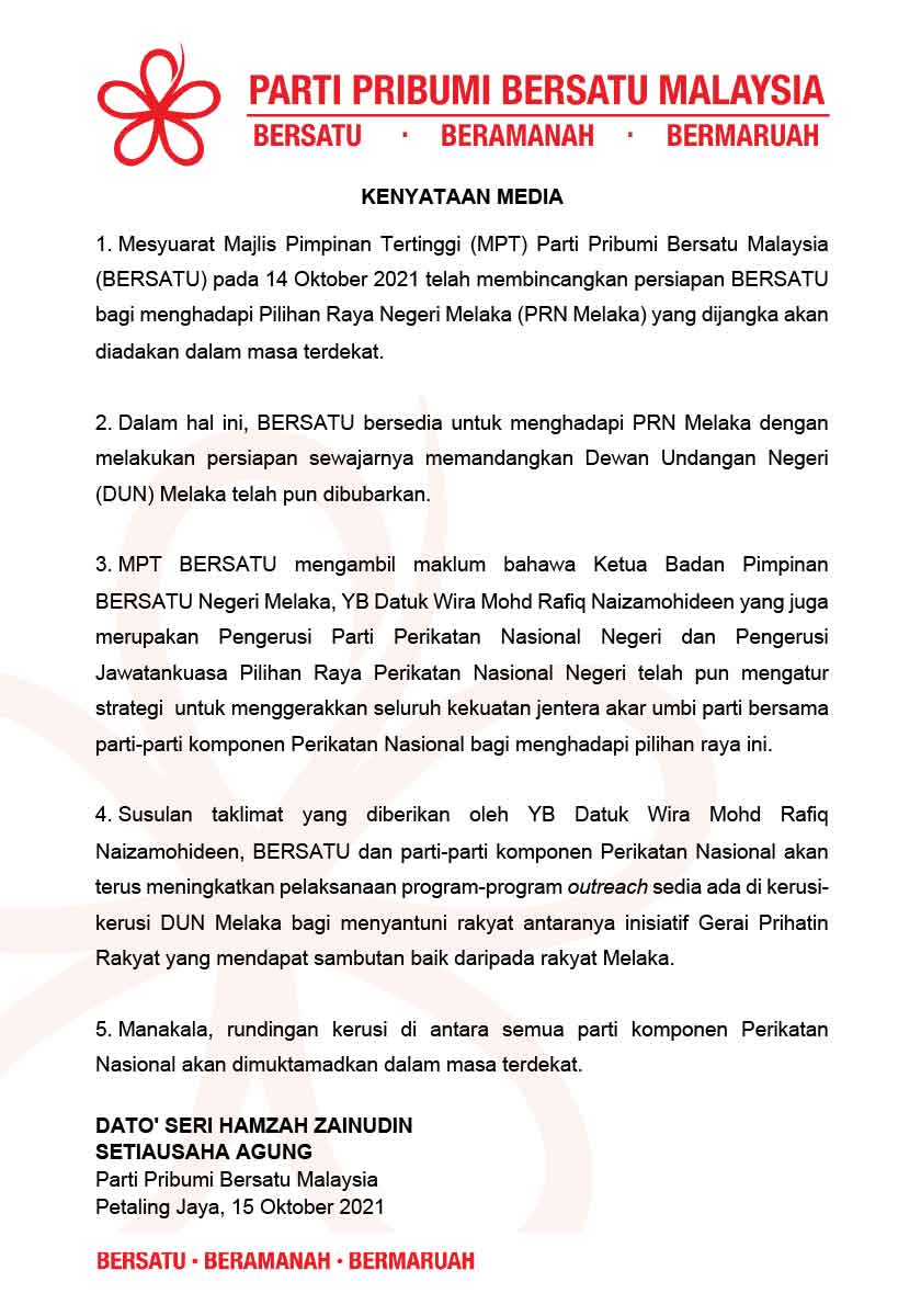 Kenyataan media oleh Setiausaha Agung BERSATU, Datuk Seri Hamzah Zainudin berkaitan persediaan parti hadapi PRN Melaka