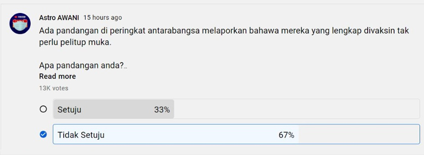 Tinjauan pendapat di laman YouTube Astro AWANI
