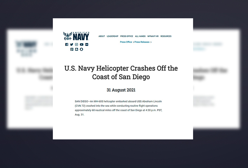 Offical statement from the US Navy on the helicopter crash off the Coast of San Diego