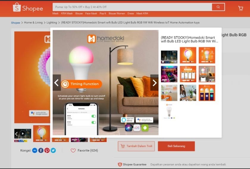 Bersama kawalan menggunakan sensor suara, paras terang atau malap juga boleh dilaras dengan adanya Smart Wifi Bulb.