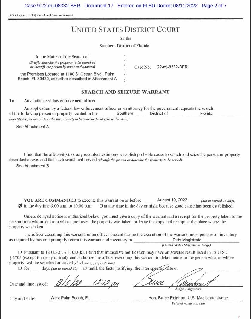  The first page of a search warrant approved by a U.S. District Court magistrate judge allowing the FBI to search former President Donald Trump's Mar-a-Lago estate is seen after being released by the U.S. District Court for the Southern District of Florida in West Palm Beach, Florida, U.S. - U.S. District Court/via Reuters