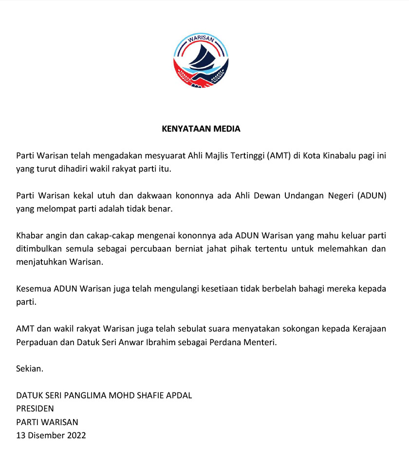 Kenyataan media Warisan yang menafikan khabar angin ada wakil rakyatnya keluar parti.