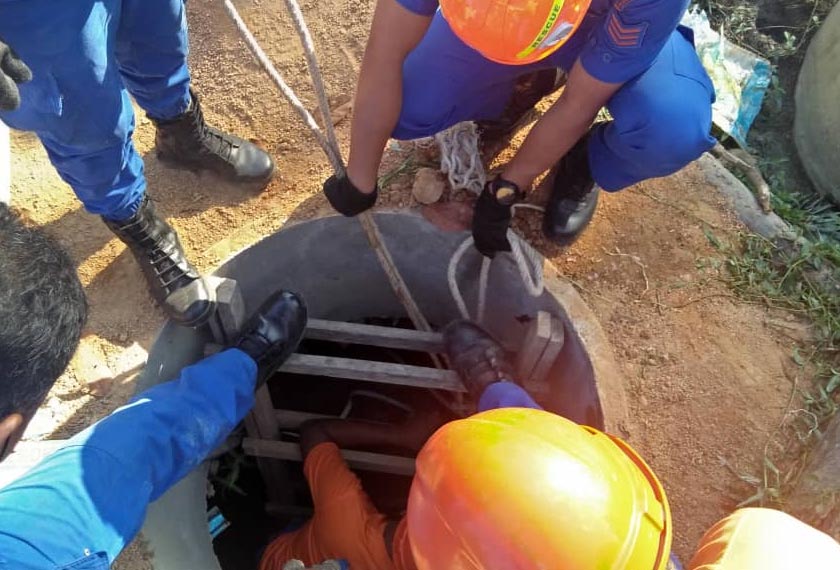Seramai lima anggota APM dengan dibantu penduduk kampung berjaya menarik keluar lembu malang itu. - Foto APM