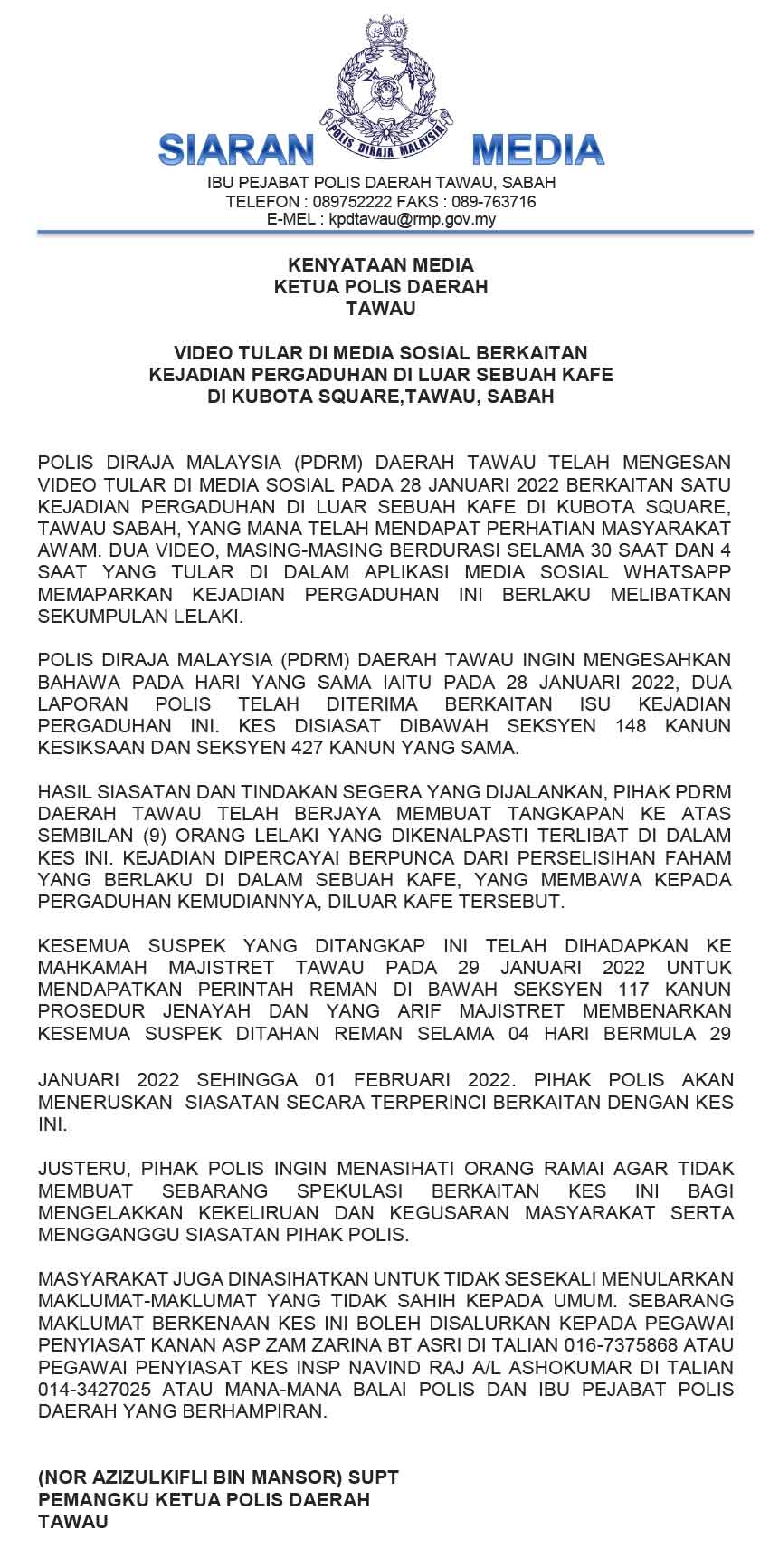 Kesemua suspek direman selama empat hari bermula 29 Januari hingga 1 Februari depan.