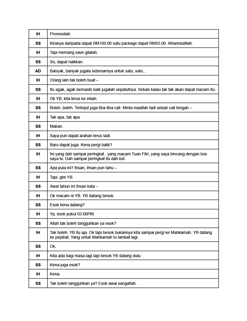 Berikut merupakan Rakaman audio perbualan di antara Ahli Parlimen Muar Syed Saddiq (“SS”), Pegawai Kanan SPRM Mohd Ihsan Bin Sapuan (“IH”) dan juga seorang pegawai SPRM bernama Adib (“AD”), pada 12 Julai, 2021.