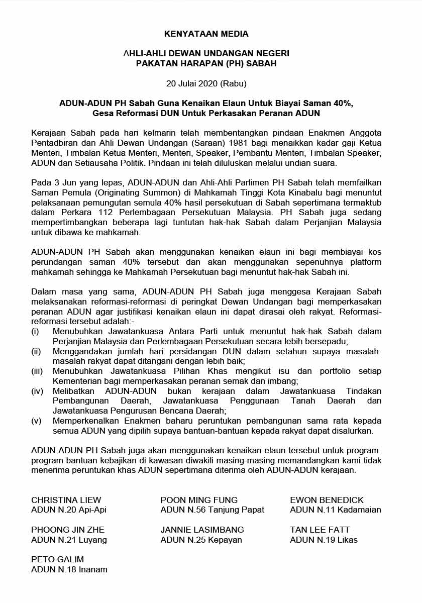 Kenyataan bersama oleh tujuh ADUN Pakatan Harapan Sabah berhubung kenaikan elaun