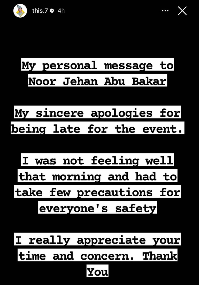 Media pada Isnin melaporkan Noor Jehan, telah hadir memberi keterangan di Ibu Pejabat Polis Daerah Kuantan, berhubung satu catatan di Twitter yang mempersoalkan kelewatan Pemangku Raja Pahang itu.