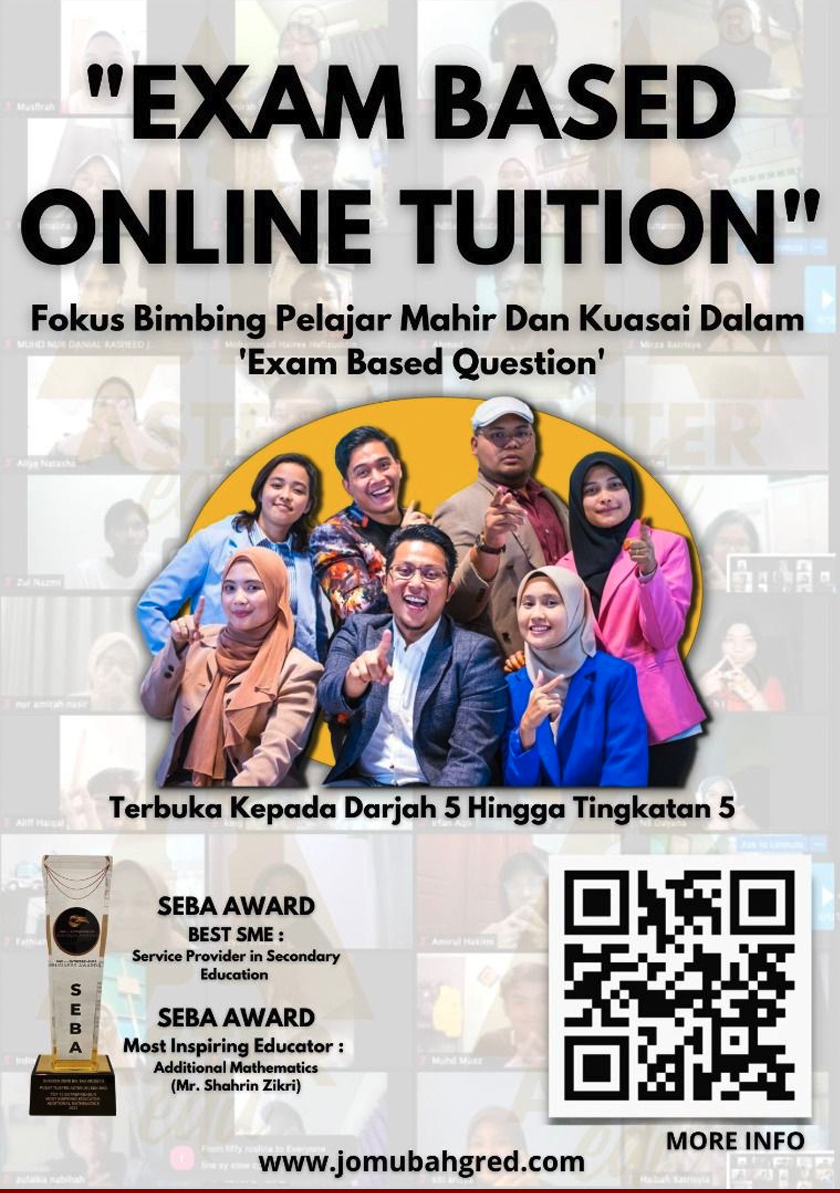 Program “Exam Based Online Tuition” ini terbuka kepada pelajar seawal darjah lima bagi sekolah rendah dan tingkatan satu sehingga tingkatan lima bagi sekolah menengah.