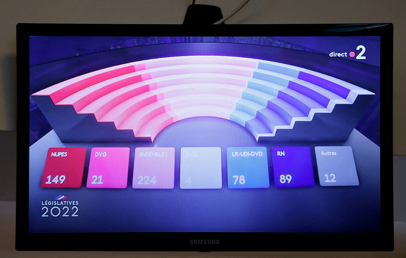 Skrin televisyen mempamerkan keputusan awal pusingan kedua pilihan raya Parlimen Perancis di sebuah hotel di Paris, 19 Jun 2022. REUTERS