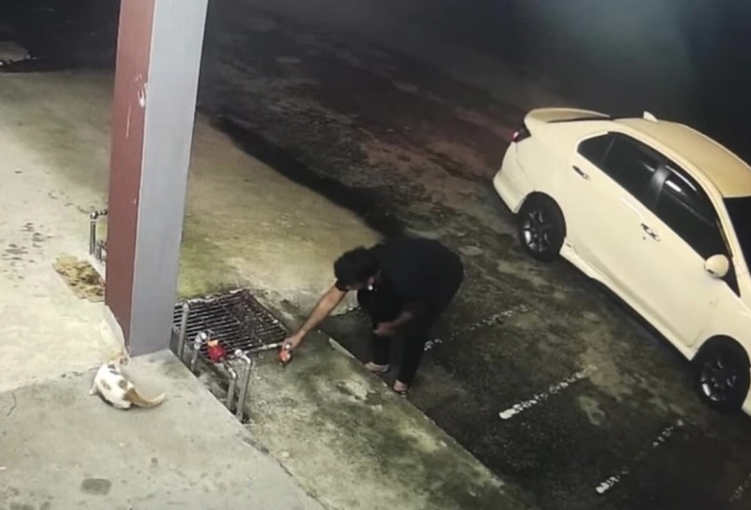 Rakaman CCTV yang menunjukkan suspek mendera kucing. - Foto PDRM