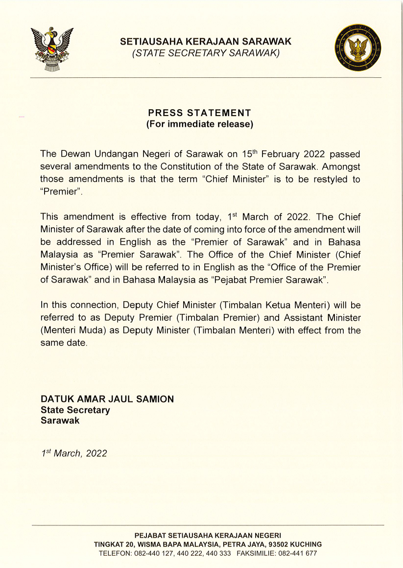 Kenyataan media dikeluarkan Setiausaha Kerajaan Negeri, Datuk Amar Jaul Samion.