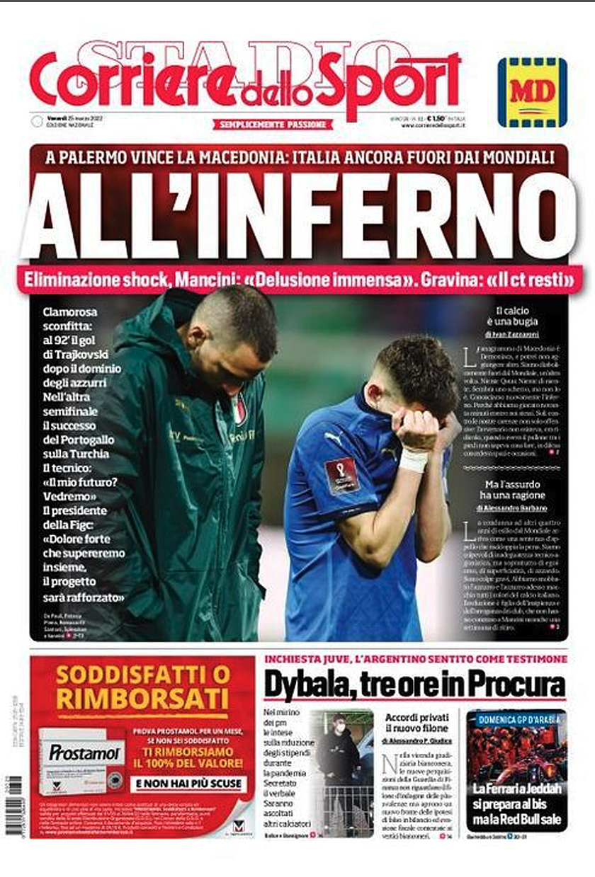 Seolah-olah menzahirkan kesedihan seluruh negara, akhbar Itali, Tuttosport, memaparkan perkataan 'Tidak!' di halaman hadapan. - Foto Astro Arena