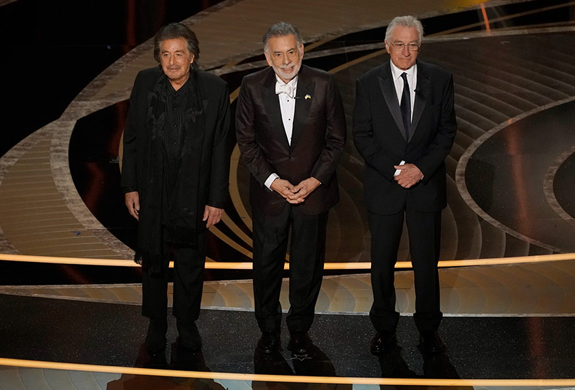 Al Pacino, Frances Ford Coppola and Robert De Niro on stage during a tribute to the 