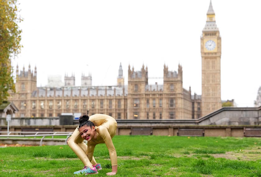 Liberty Barros, a Guinness World Record holder for achieving the fastest 20m back bend knee lock, poses in London, Britain, November 10, 2022. - REUTERS