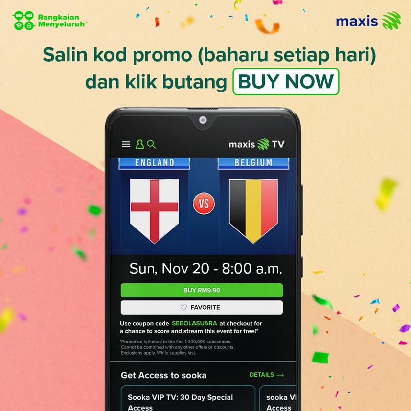 Jangan lupa buka aplikasi Maxis pada setiap hari bermula sekarang sehingga 18 Disember depan untuk tebus pas perlawanan percuma anda