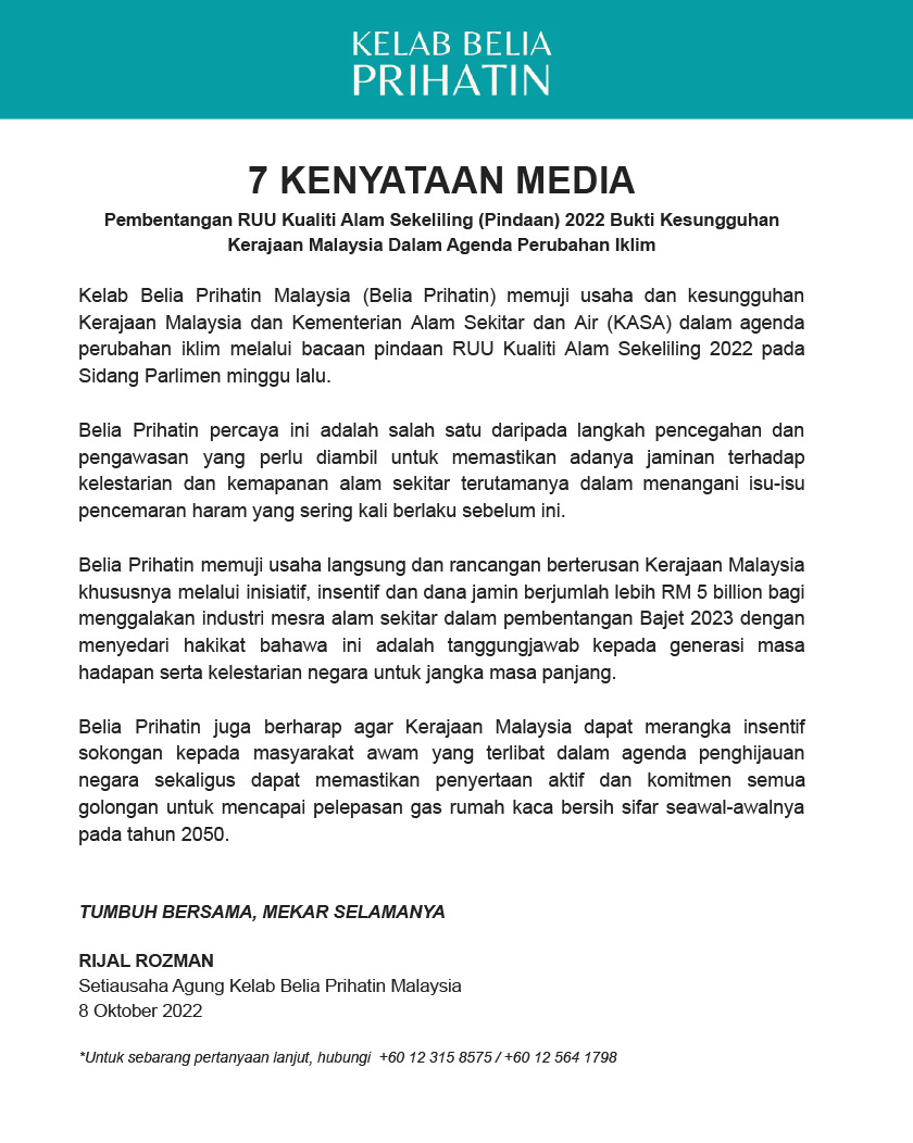Kenyataan media yang dikeluarkan Kelab Belia Prihatin pada Sabtu, respon kepada Pembentangan RUU Kualiti Alam Sekeliling (Pindaan) 2022 - Foto/KBP