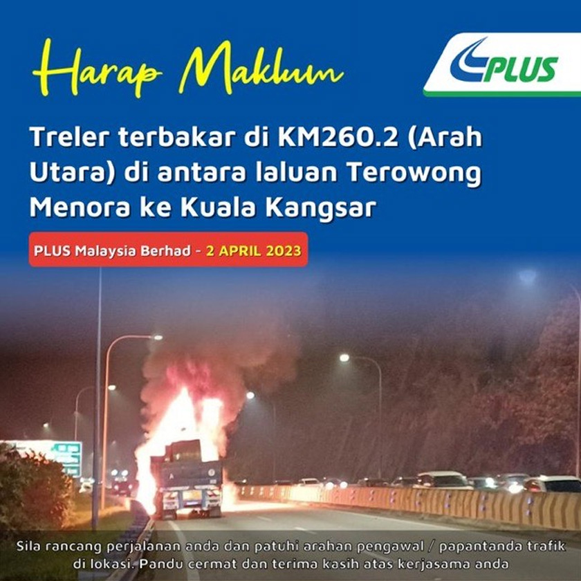 kebakaran melibatkan sebuah treler membawa muatan besi, musnah terbakar 65 peratus di bahagian kepala. - Foto PLUS