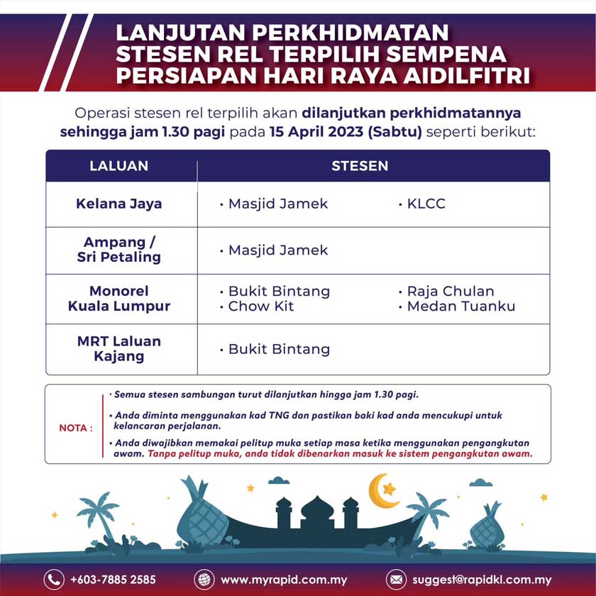 Stesen-stesen LRT, MRT dan Monorel yang akan dilanjutkan perkhidmatannya sehingga jam 1.30pagi - Foto/RapidKL