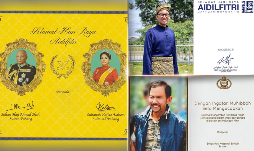 Kombinasi kad raya yang diutuskan Adza Danial Haiqal (kanan, atas) dan yang diterima dari Sultan Haji Ahmad Shah (kiri) dan Sultan Hassanal Bolkiah. - Foto BERNAMA 