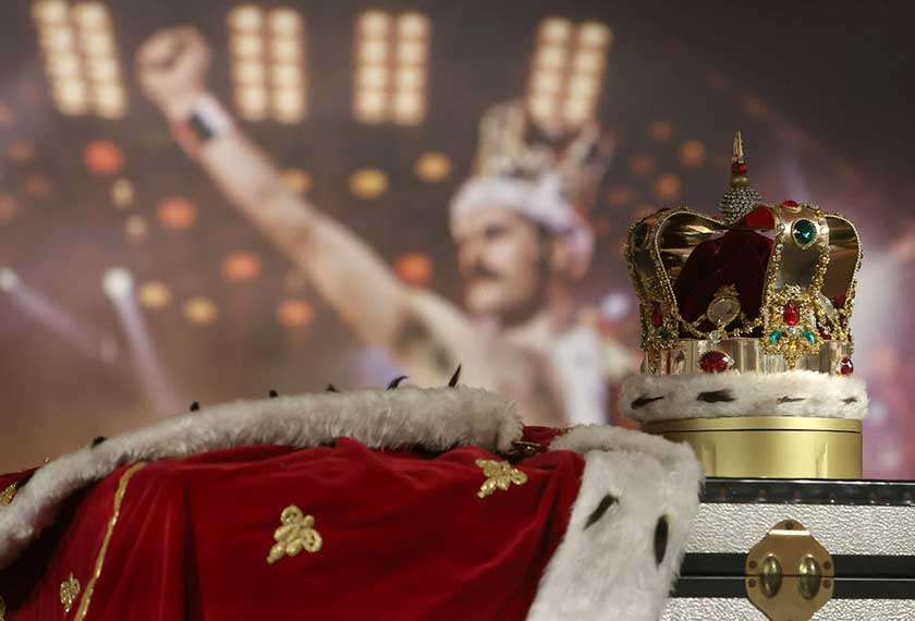 Freddie Mercury's signature crown and cape are displayed during Sotheby's 'Freddie Mercury: A World of His Own' press preview in London, Britain August. - REUTERS