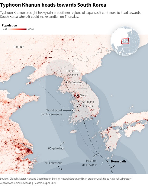 Typhoon Khanun brought heavy rain in southern regions of Japan as it continues to head towards South Korea where it could make landfall on Thursday.