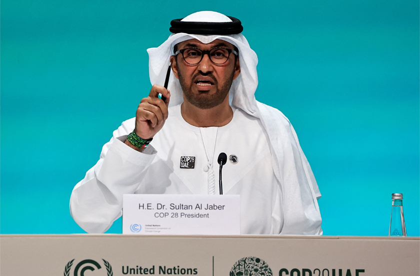 Dr Sultan Al Jaber bercakap kepada media pada COP28 di Dubai, UAE, 4 Dis 2023. - REUTERS