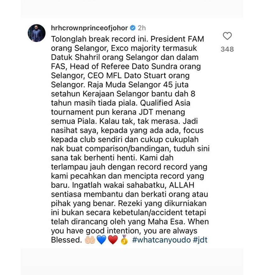 Perkongsian Tunku Ismail Sultan Ibrahim di laman Instagramnya pada Rabu. 
