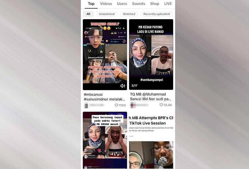 Beberapa carian mengenai Muhammad Sanusi menyanyi live yang dipaparkan pada laman TikTok.