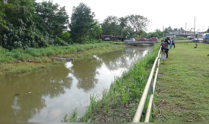 Penduduk di perkampungan Cenderawasih mengambil kesempatan melihat reptilia yang sedang berjemur.