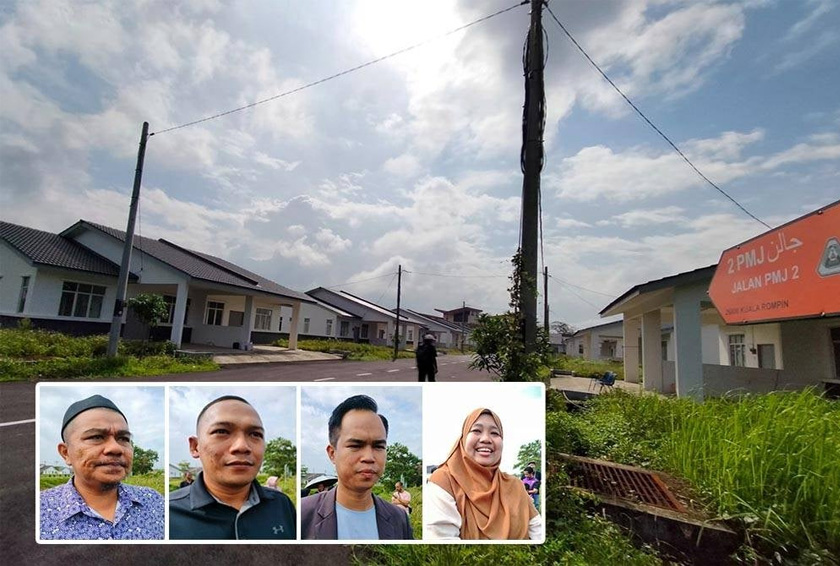 Keadaan PR1MA Sungai Puteri, Rompin. Gambar kecil; Mohd Nazlifah, Mohd Nordin, Raja Mohd Ridzwan dan Nurul Shahinah Tairah. (Gambar kecil dari kiri Mohd Nazlifah,Mohd Nordin,Raja Mohd Ridzwan dan Nurul Shahinah Tairah)