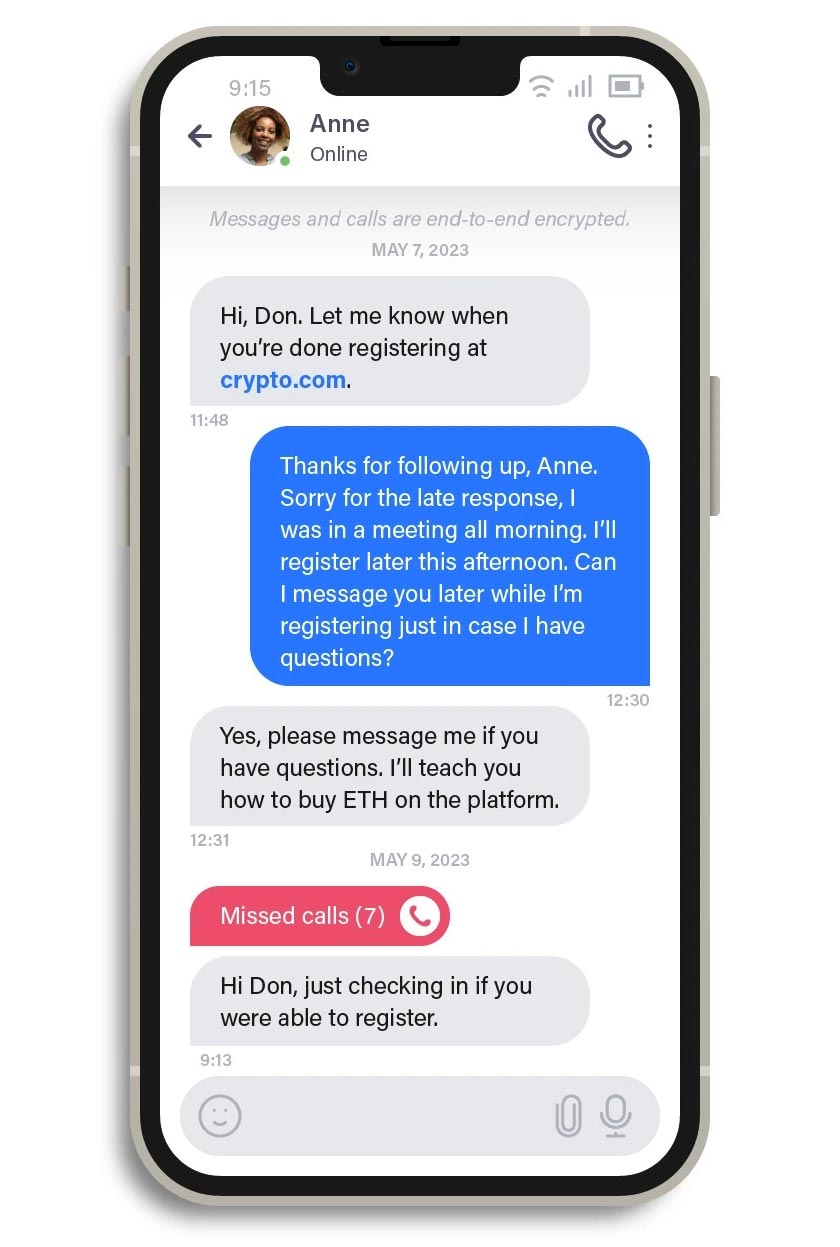 Figure 8: A conversation with a fake secretary guiding a victim on how to purchase cryptocurrencies