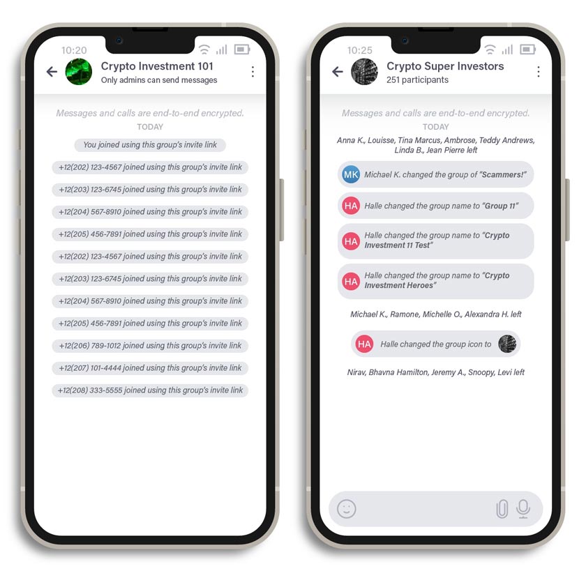 Figure 5: (Left) Unsuspecting victims who joined a fake investment group through an invitation link and (right) users who were added to a fake investment group chat and were possibly aware of the scam and left.