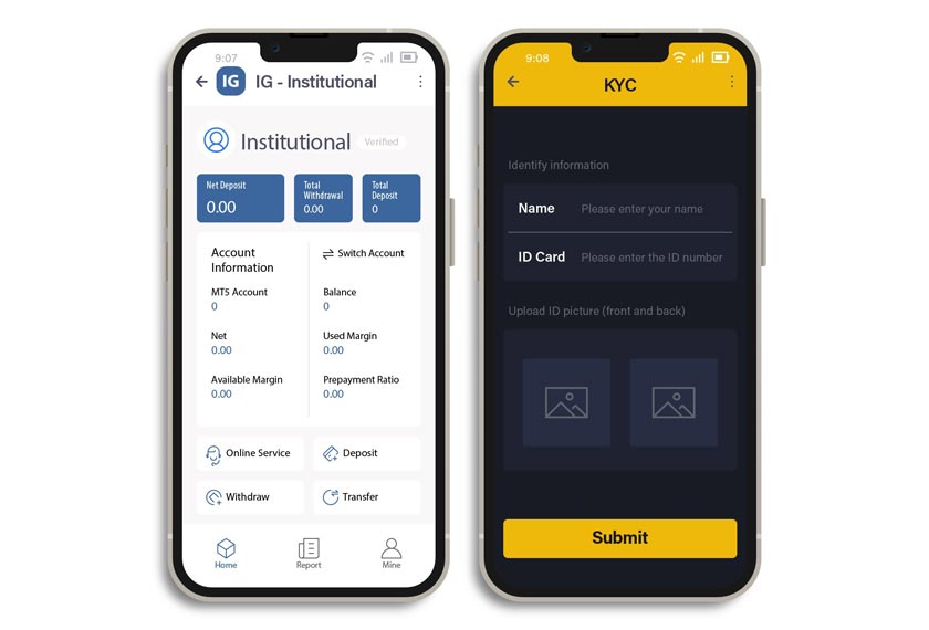 Figure 10: (Left) A fake brokerage mobile application that’s available on Google Play and (right) the KYC verification feature of a fake brokerage site that requires users to upload identification cards