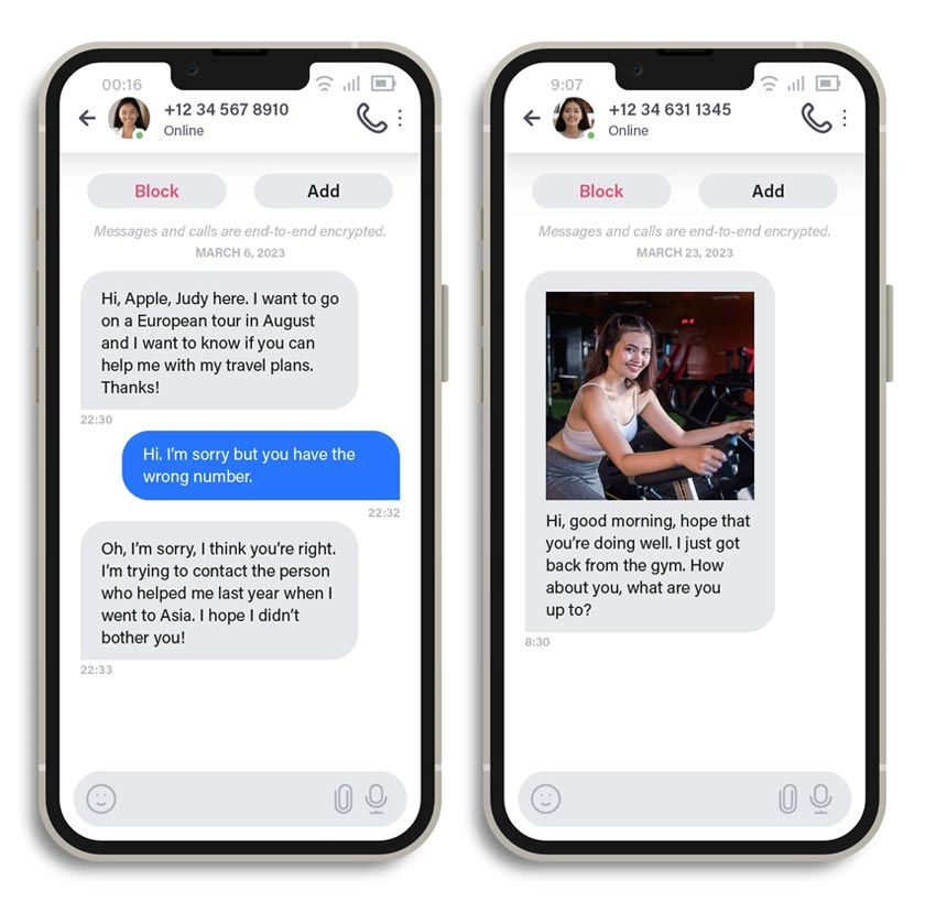 Figure 1: Initial conversations wherein a scammer used a seemingly innocuous introduction for one victim and a stolen photo for another.