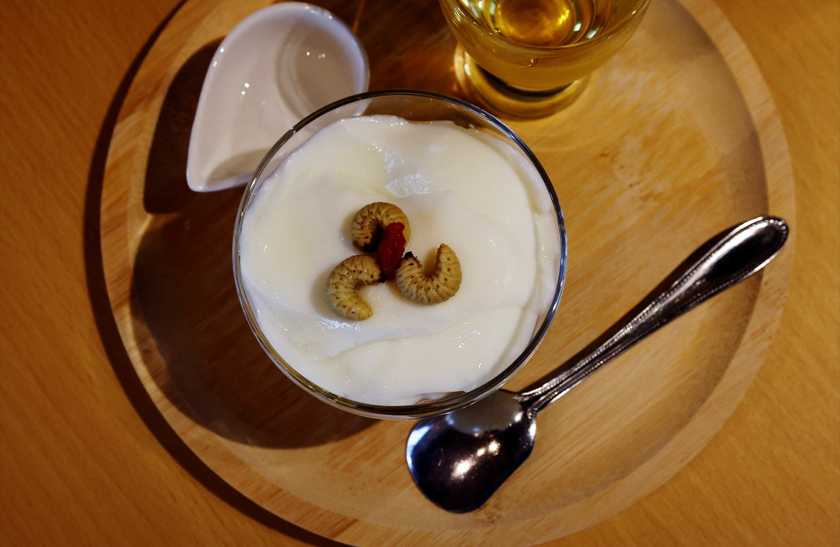 Almond tofu with beetle larvae is pictured at Take-Noko cafe in Tokyo, Japan. - REUTERS