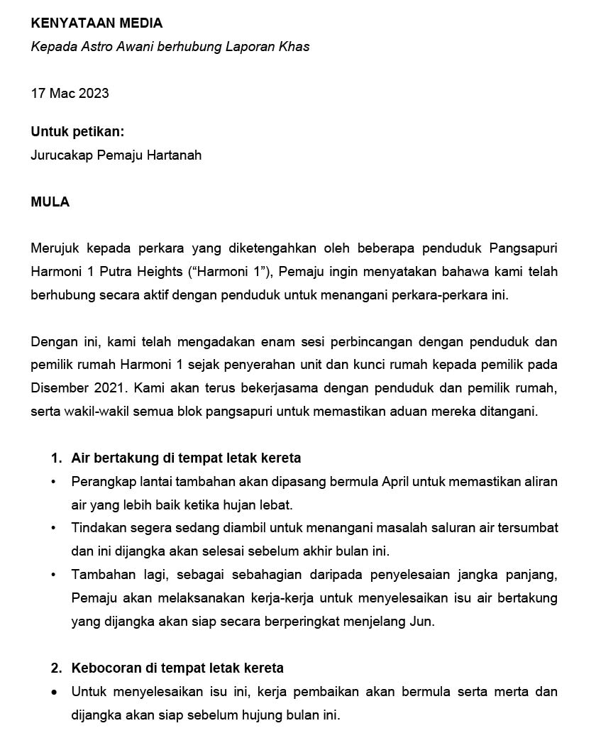 Kenyataan media dikongsikan syarikat perhubungan awam yang dilantik.