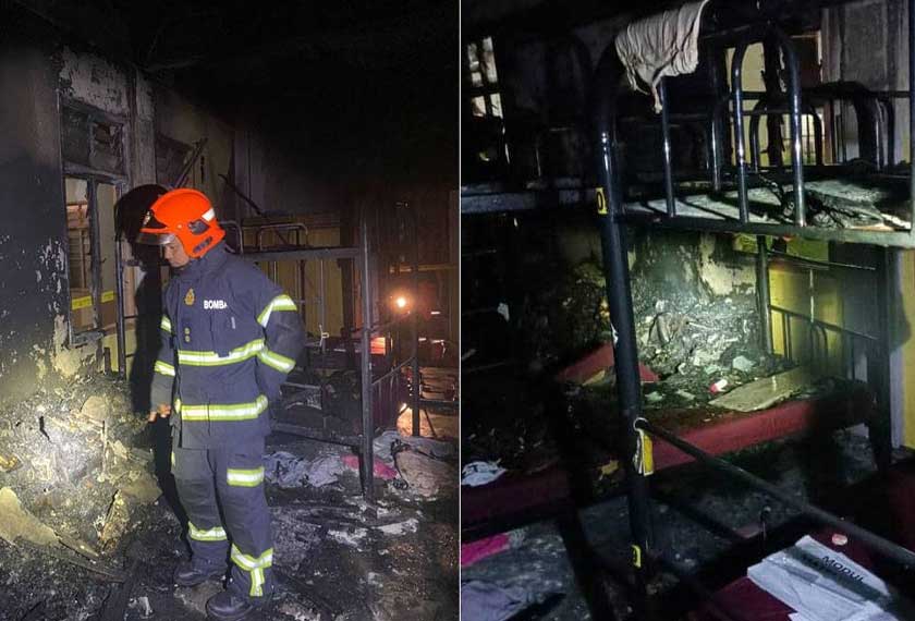 Anggota bomba melakukan pemeriksaan selepas memadamkan kebakaran di blok asrama pelajar perempuan di SMK Seri Kenangan, Batu Anam, Segamat pada malam Ahad. - Foto Sinar Harian