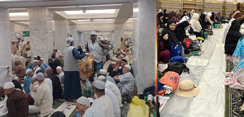 Apabila saat berbuka puasa, semua jemaah mendapat pek makanan, tajaan kerajaan Arab Saudi.