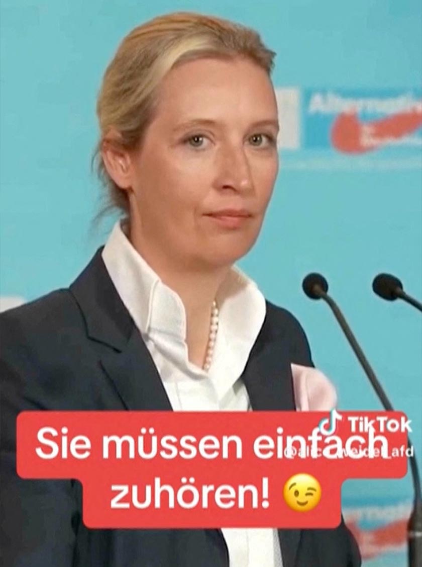 Alternative for Germany (AfD) co-leader Alice Weidel looks on during a press conference, in this screenshot obtained from a social media video. - TikTok/@aliceweidel_afd/via REUTERS 
