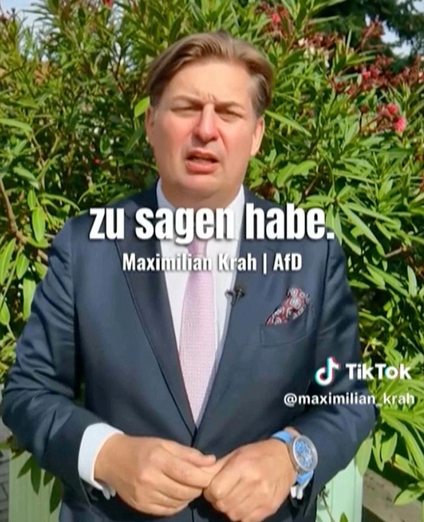 Alternative for Germany (AfD) MEP candidate Maximilian Krah is seen in this screenshot obtained from a social media video. - TikTok/@maximilian_krah/via Reuters 