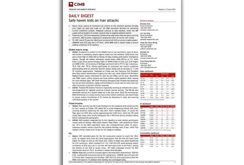 Nota penyelidikan CIMB Treasury and Markets Research melaporkan serangan Iran terhadap Israel mencetuskan lonjakan harga emas global.