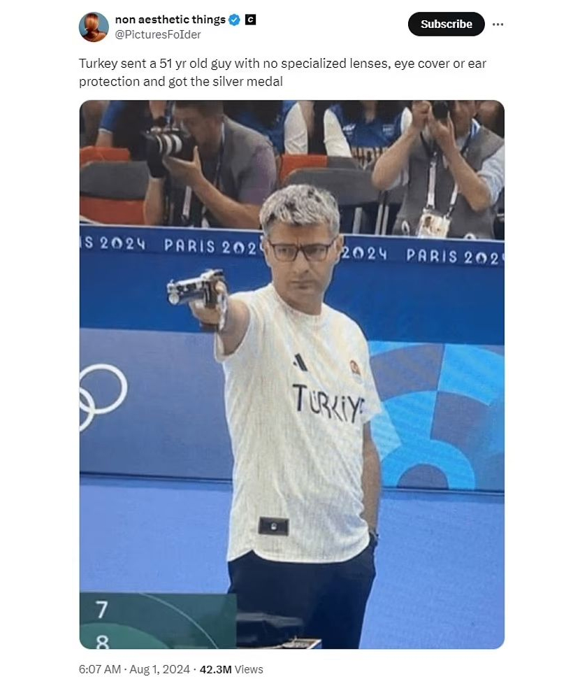 Penembak  Turkiye, Yusuf Dikec turut menarik perhatian dalam acara 10m air pistol berpasukan campuran. 