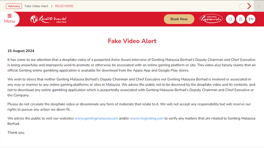 Genting Malaysia Berhad has firmly denied involvement and urges the public not to be deceived.