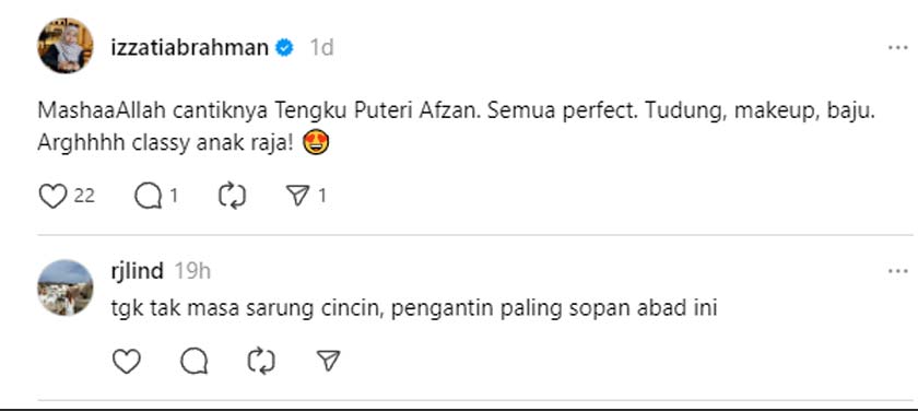 keanggunan Tengku Puteri Afzan dan FD Idzham menjadi bualan rata-rata pengguna net yang mengagumi elemen ringkas dan classy yang dibawakan puteri raja ini yang menyerlahkan lagi wajah polos si tuan puteri.