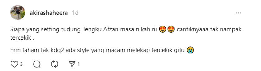 keanggunan Tengku Puteri Afzan dan FD Idzham menjadi bualan rata-rata pengguna net yang mengagumi elemen ringkas dan classy yang dibawakan puteri raja ini yang menyerlahkan lagi wajah polos si tuan puteri.