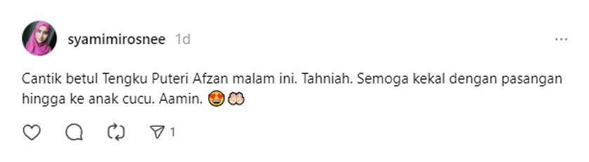 keanggunan Tengku Puteri Afzan dan FD Idzham menjadi bualan rata-rata pengguna net yang mengagumi elemen ringkas dan classy yang dibawakan puteri raja ini yang menyerlahkan lagi wajah polos si tuan puteri.