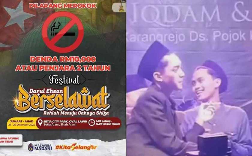 Peringatan sekretariat penganjur berhubung larangan merokok di Festival Darul Ehsan Berselawat bermula Jumaat ini. Gambar kanan: Rakaman Gus Azmi merokok di atas pentas sewaktu program berselawat di Indonesia. - Foto Sinar Harian