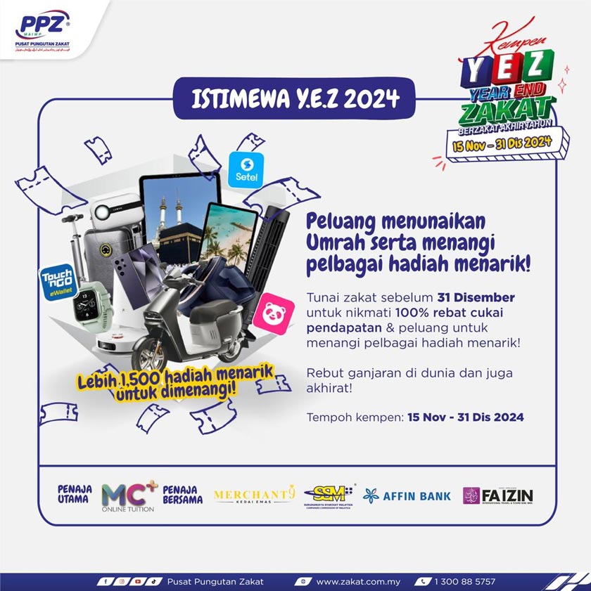 Sempena Kempen YEZ 2024, pembayar juga berpeluang untuk memenangi pakej umrah dan lebih 1,500 hadiah menarik yang akan diumumkan pada Februari 2025.
